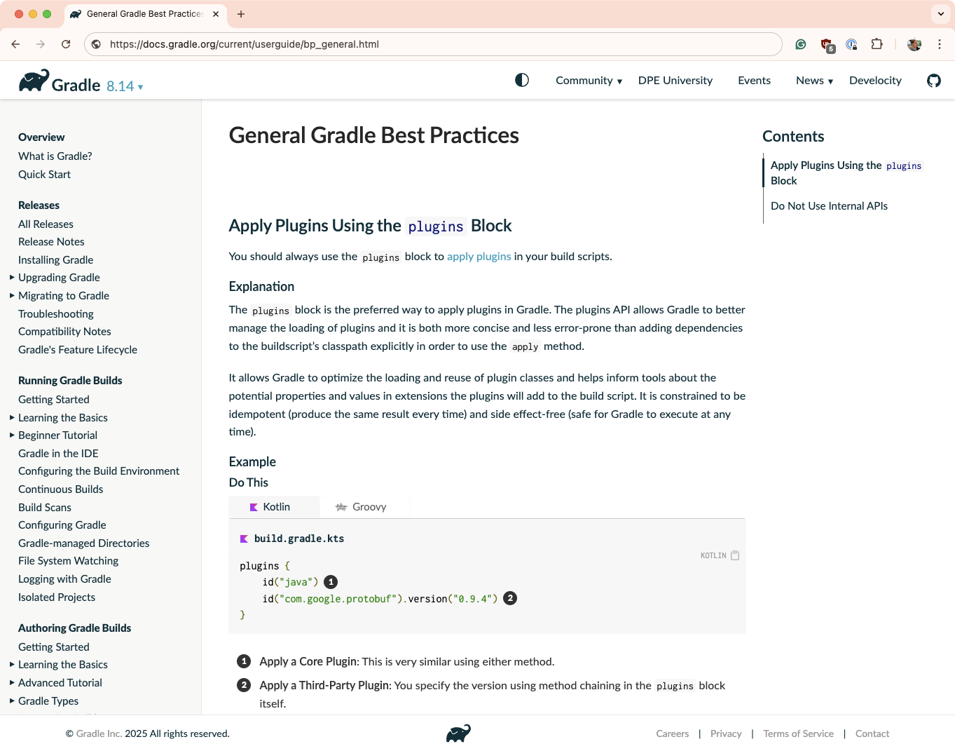 Sample of the Best Practices Page in the Gradle User Manual