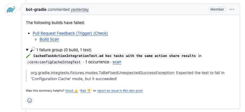 The failure summary comment on PR #38047: the resolved test name, the failing module, an occurrence count, and a Build Scan link
