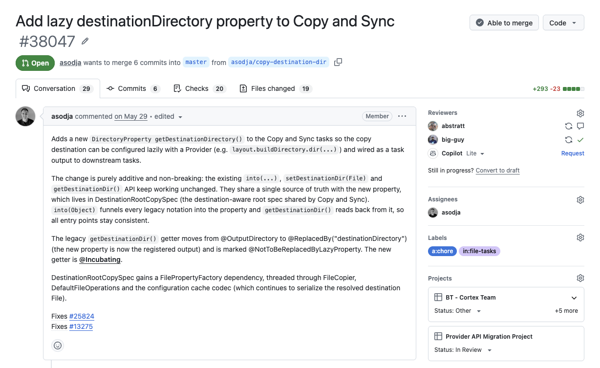 The gradle/gradle pull request #38047, adding a lazy destinationDirectory property to the Copy and Sync tasks