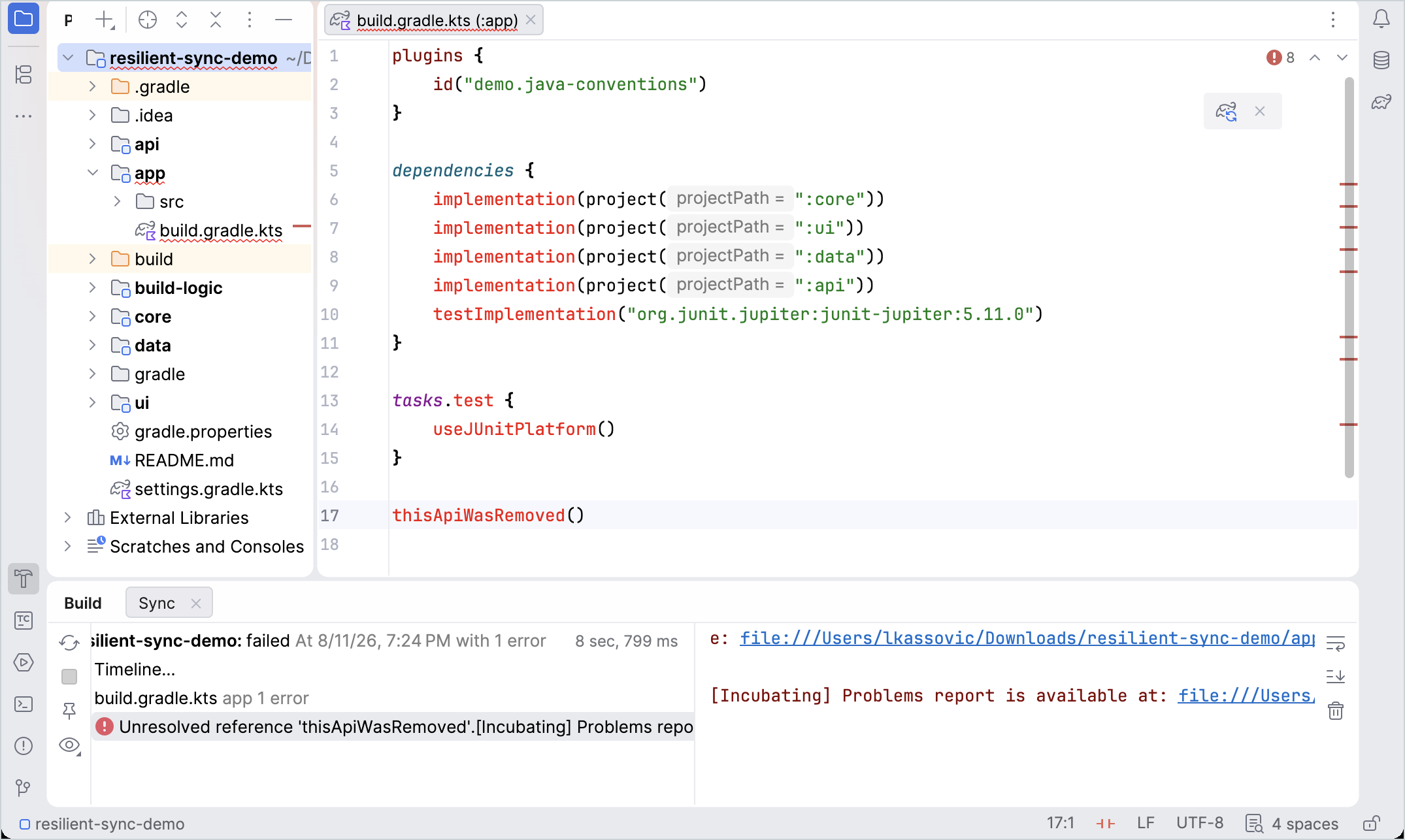 IntelliJ IDEA showing a failed Gradle sync, with a build script full of unresolved red errors and no code completion
