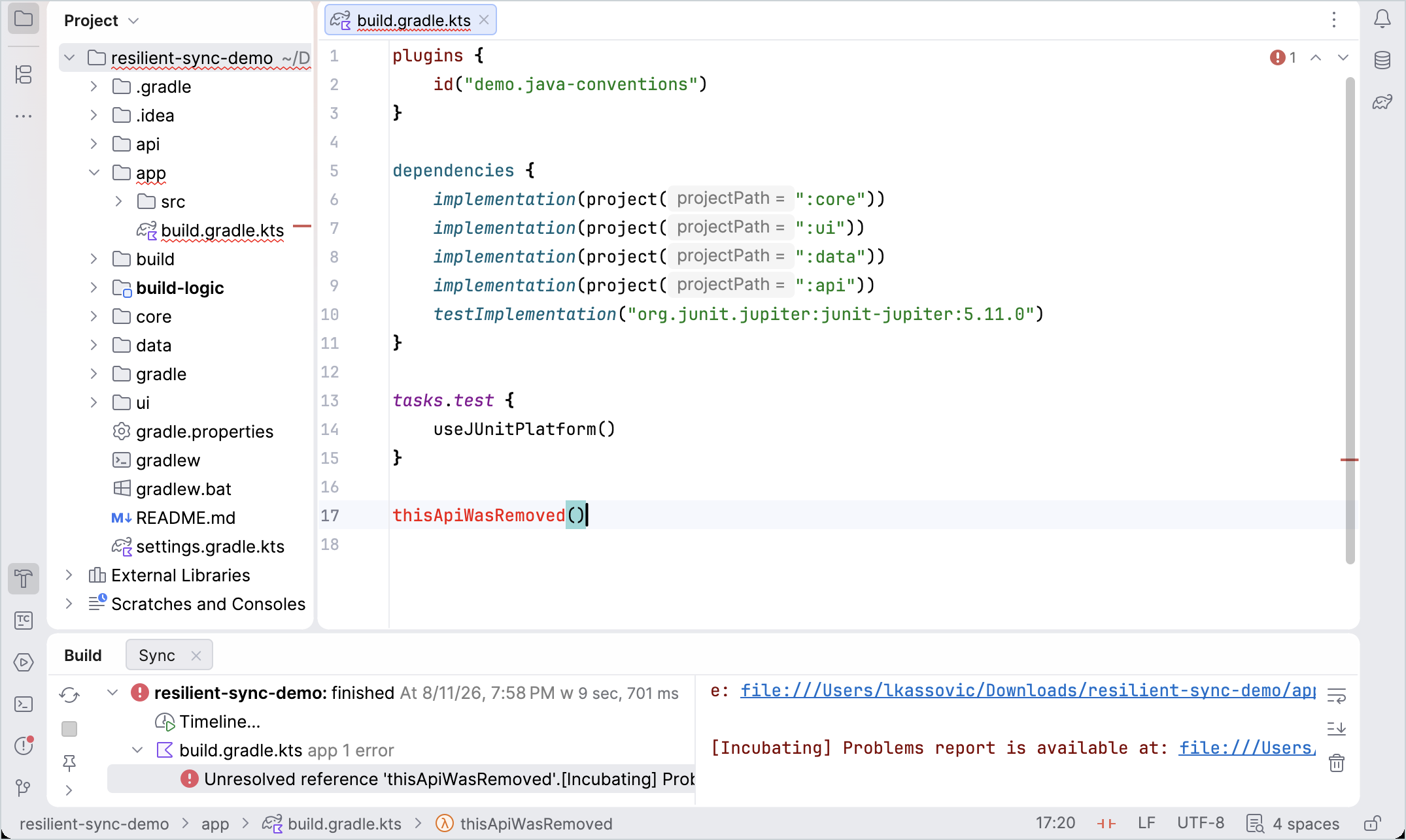 With resilient sync, IntelliJ IDEA still offers code completion inside a broken build script while clearly flagging the real error, and the other projects stay healthy