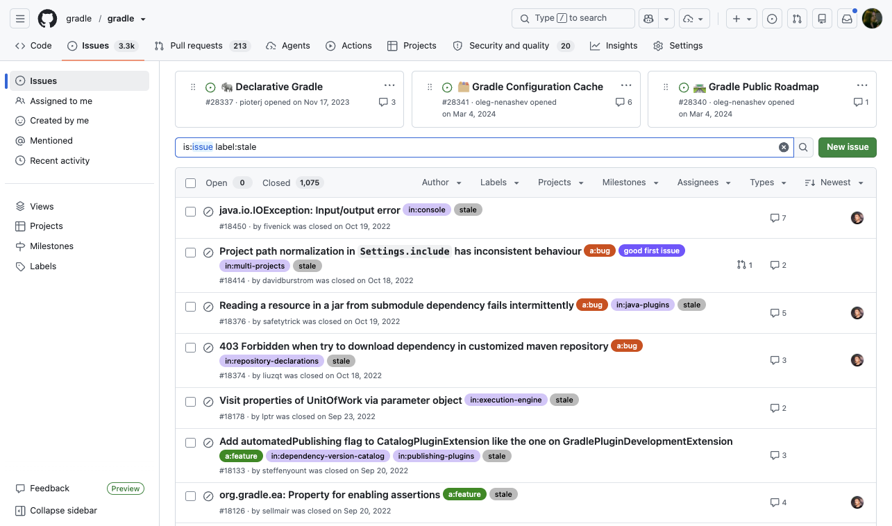 Issues closed by the now-retired stale bot Closed gradle/gradle issues labeled stale, left over from the retired stale bot
