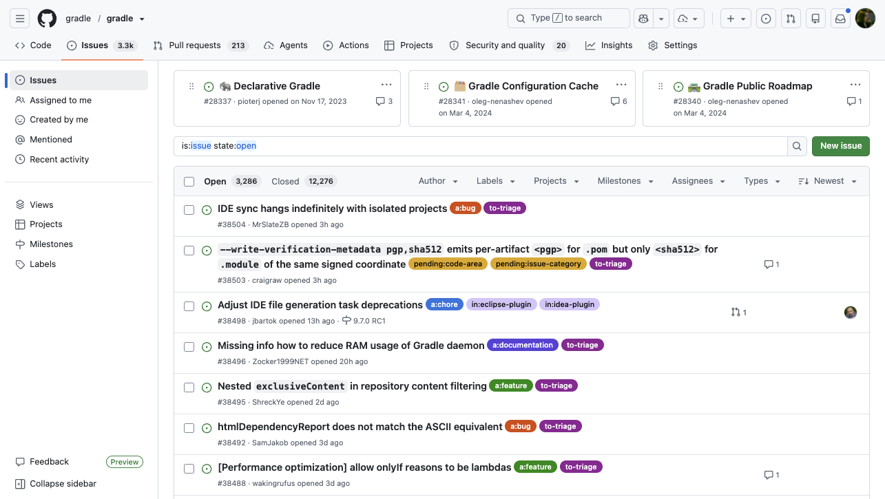 The gradle/gradle issue tracker The gradle/gradle issue tracker showing around 3300 open issues