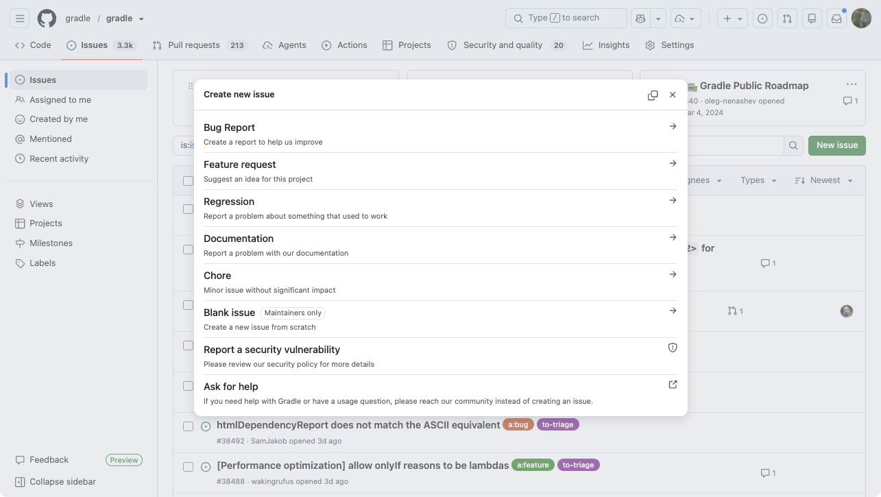 Issue templates on gradle/gradle The gradle/gradle new issue template chooser, with a dedicated template per category
