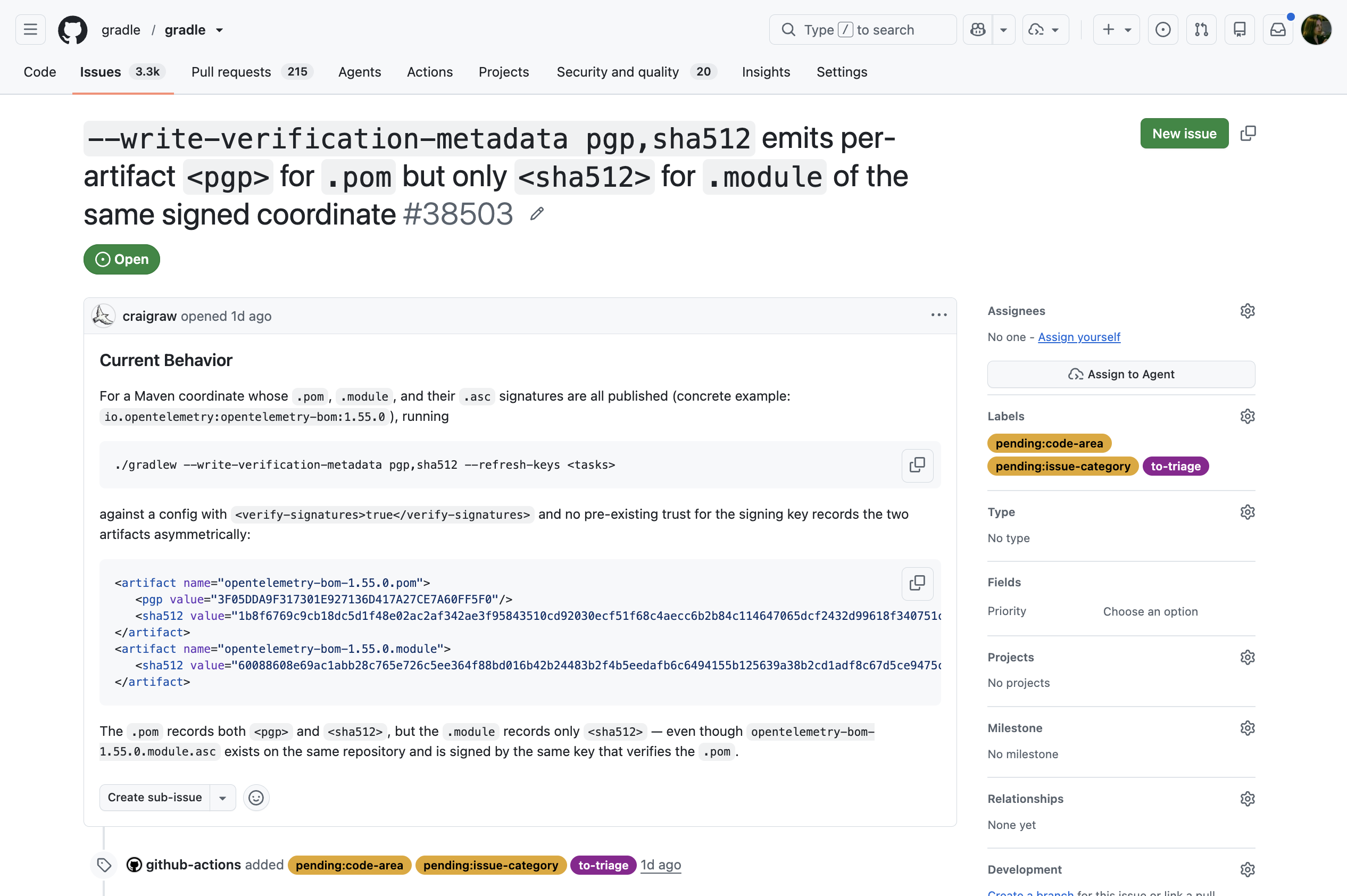 Issue management automation at work The issue management automation labeling and commenting on a gradle/gradle issue